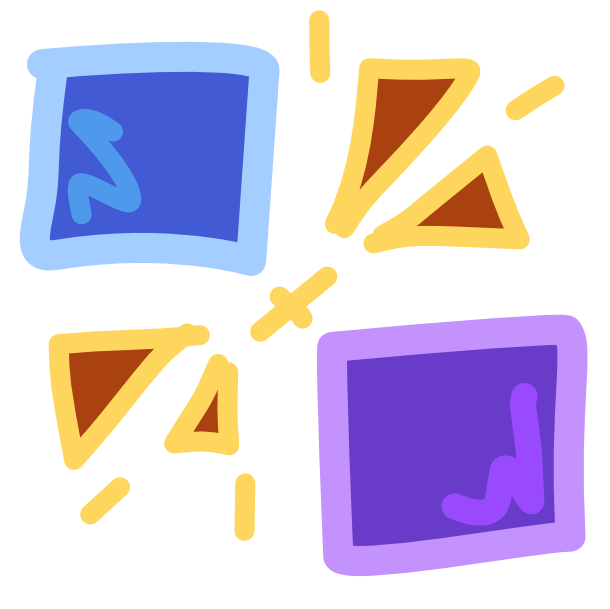 A blue square sits in the top left corner of the image, a purple square the bottom right. Between them are some yellow emphasis marks and a small vertical line between them with a second shorter line crossing said small line perpendicularly. This image has light line art.